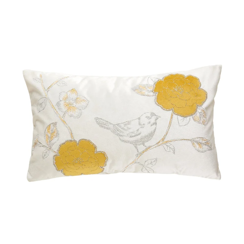 Beige Flowers and Embroidered Birds Lumbar Pillow