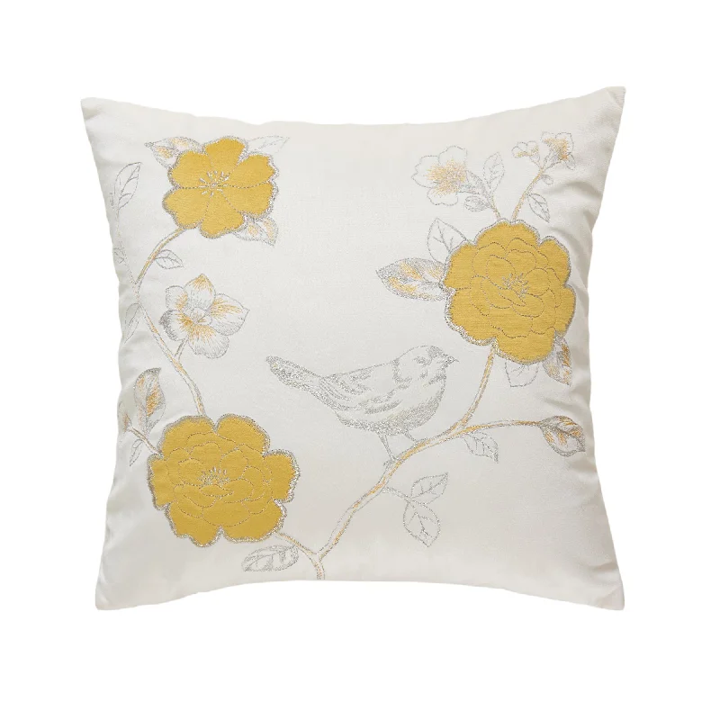 Beige Flowers and Embroidered Birds Pillow