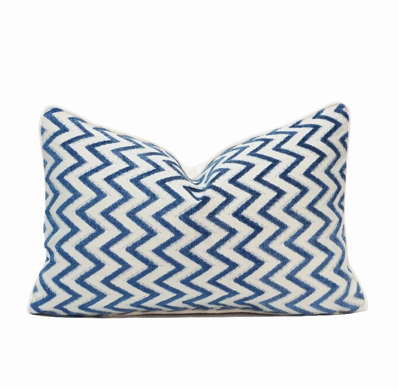 Chevron Lumbar Cut Velvet Throw Pillow Cover | Blue | 12" x 20"