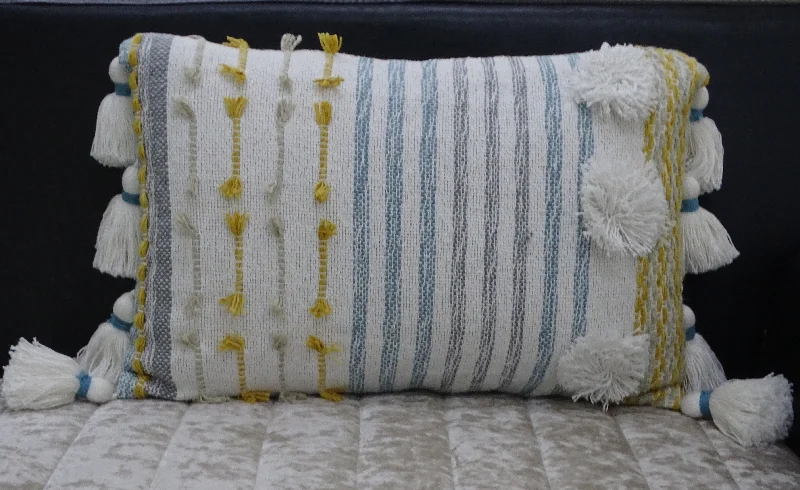 Designer Striped Pillow with Large Poms and Tassels