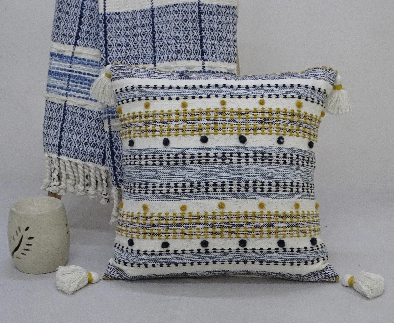 Designer Striped Pillow with Mini Poms and Tassels