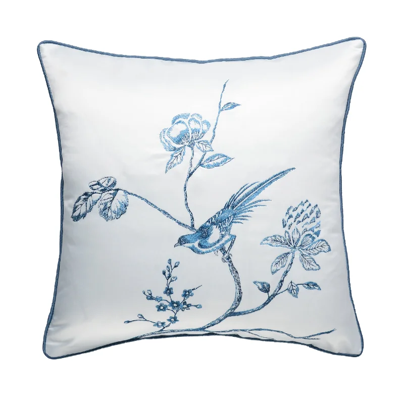 Imitation Silk Blue Flower and Bird Pillow