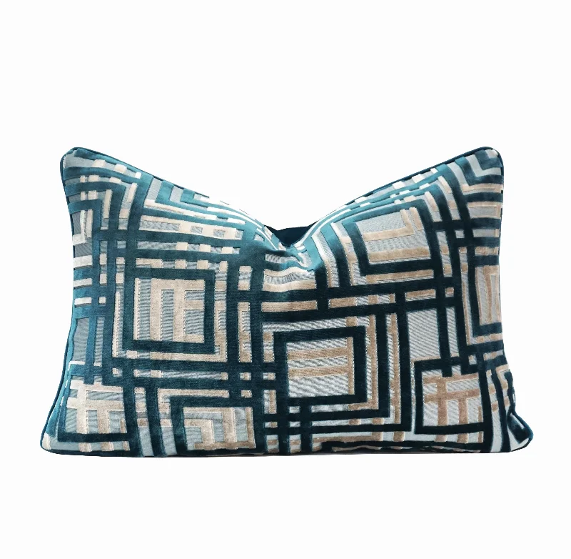 Maze Lumbar Cut Velvet Throw Pillow Cover | Peacock | 14" x 20"