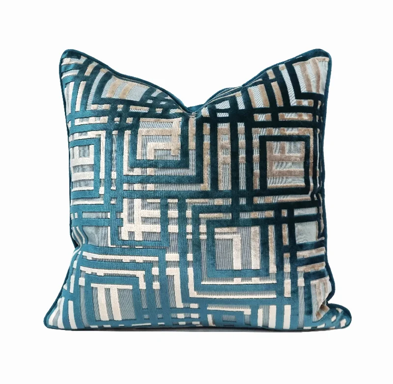 Maze Cut Velvet Throw Pillow Cover | Peacock | 20" x 20"