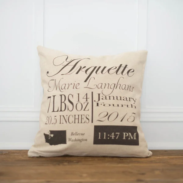 Script Birth Announcement Pillow Cover