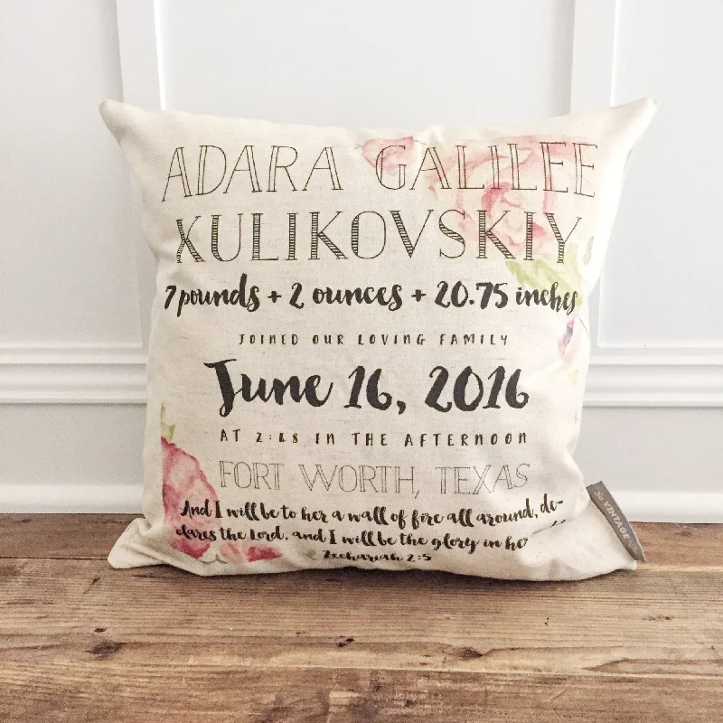 Watercolor Floral Birth Announcement Pillow Cover