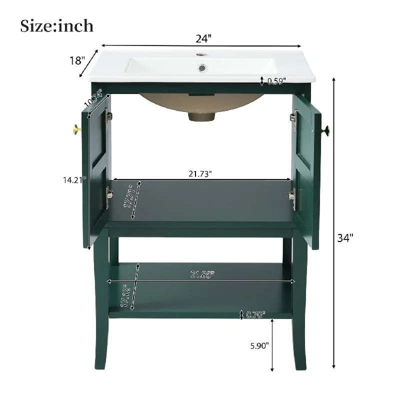 24 Inch Green Solid Wood+MDF Freestanding Bathroom Vanity in with Integrated Resin Sink