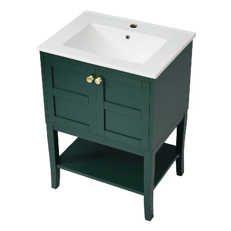 24 inch MDF Freestanding Bathroom Vanity Set in Green with Integrated Resin Sink