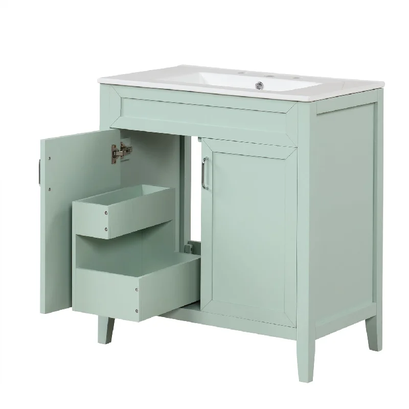 30 inch Solid Wood and MDF Freestanding Bathroom Vanity Set in Green with Integrated Ceramic Sink