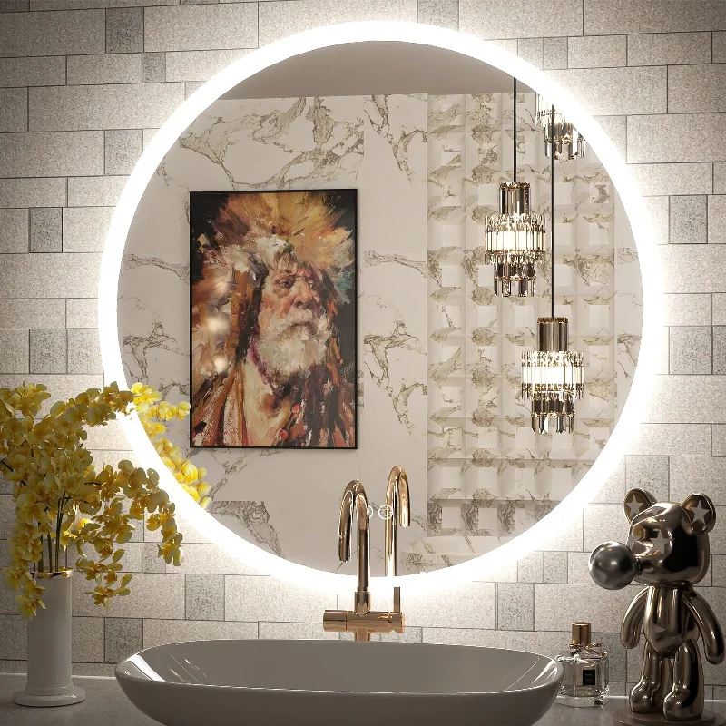 Apmir LED Backlit Frameless Round Bathroom Vanity Mirror in Tempered Glass, Anti-Fog