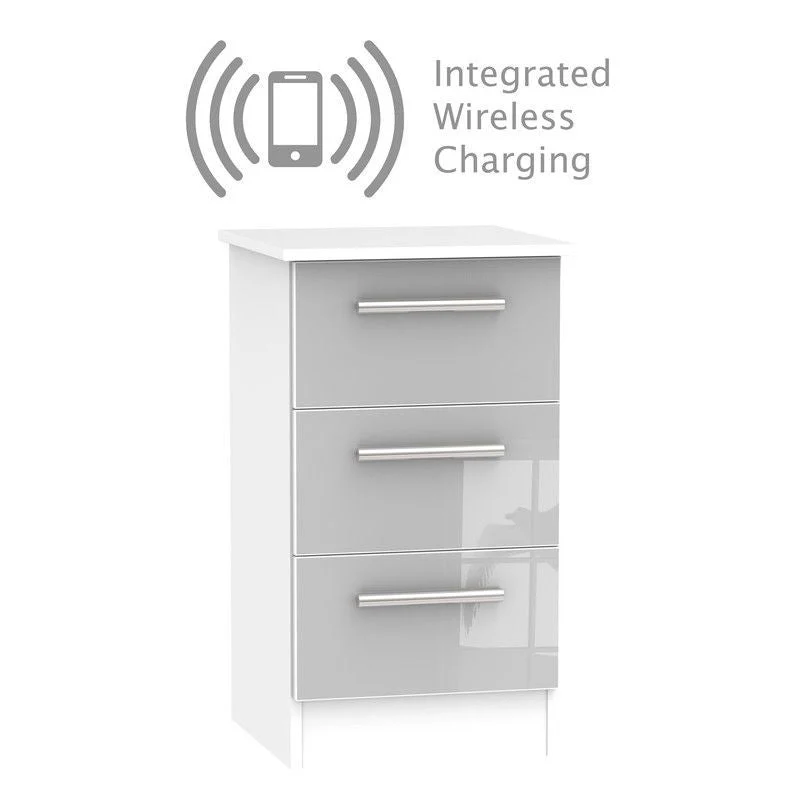 Buxton Wireless Charger Slim Bedside Table White & Grey 3 Drawers