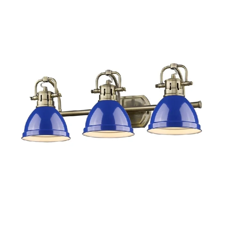 Duncan 3-light Bath Vanity in Aged Brass with Blue Shades