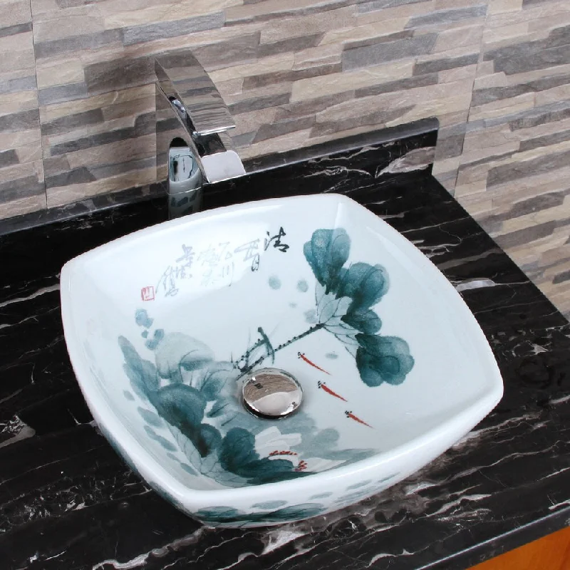 ELIMAX'S 2027 Square Oriental Lotus Style Porcelain Ceramic Bathroom Vessel Sink