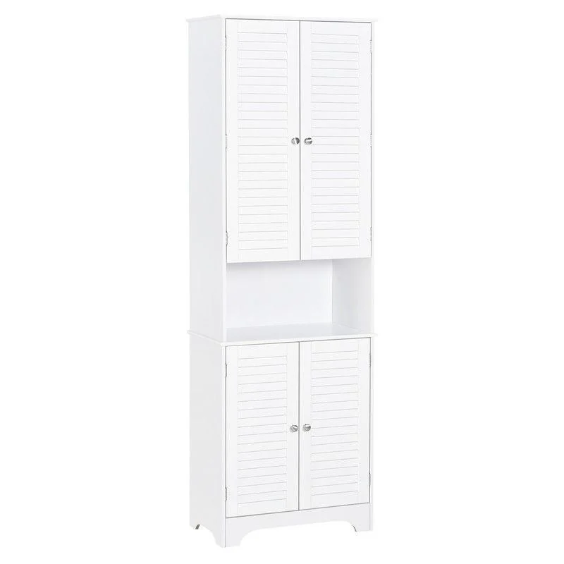 Homcom Tall Freestanding Bathroom Cabinet Retro Shutters W/ 3 Compartments Shelves Elevated Base Narrow Organiser White 60L X 30W X 182.5H cm