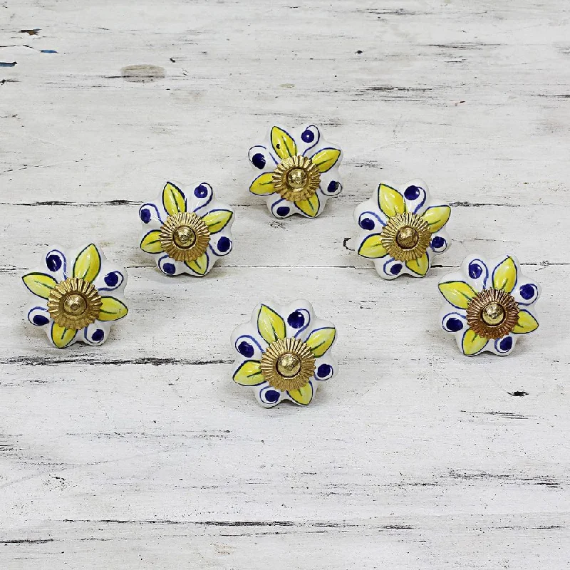 Set of 6 Handmade Ceramic 'Bright Sunshine' Cabinet Knobs (India) - 3.1" H x 2" W x 1.2" D