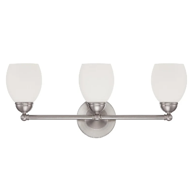 Sunset Lighting Three Light Olen Vanity - Opal Glass, Dimmable - with Bright Satin Nickel Finish