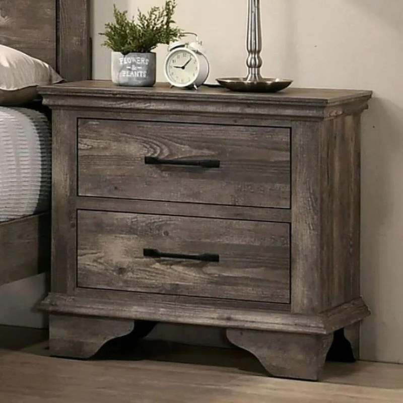 1pc Nightstand 2-drawer Gray Color Solid Wood Veneer Matte Black Bar Pulls Replicated Wood Grain Bedroom