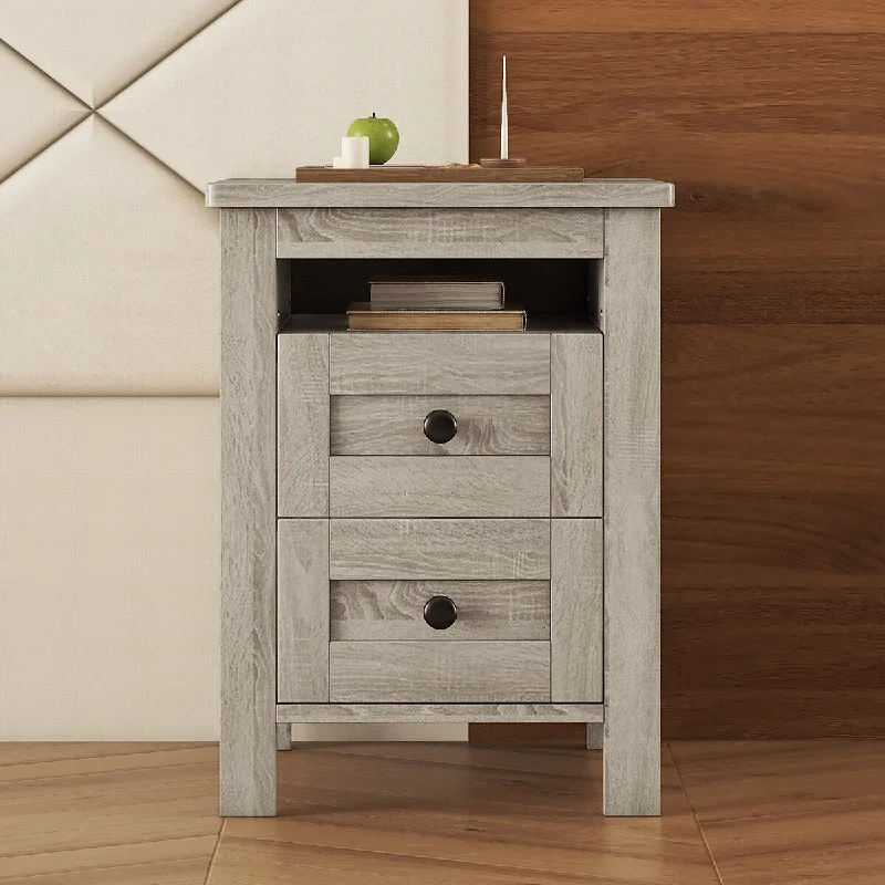 2-Drawer Wood Side Table with Storage Cabinet for Bedroom