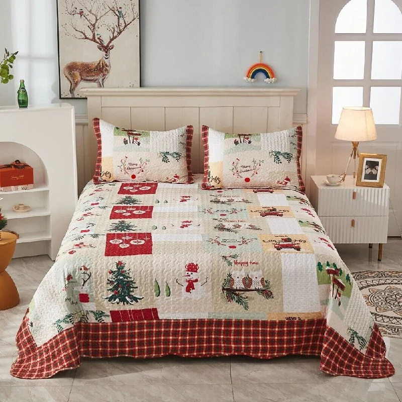 3 Piece Christmas Quilt Set Rustic Lodge Cabin Bedspread Quilt Queen