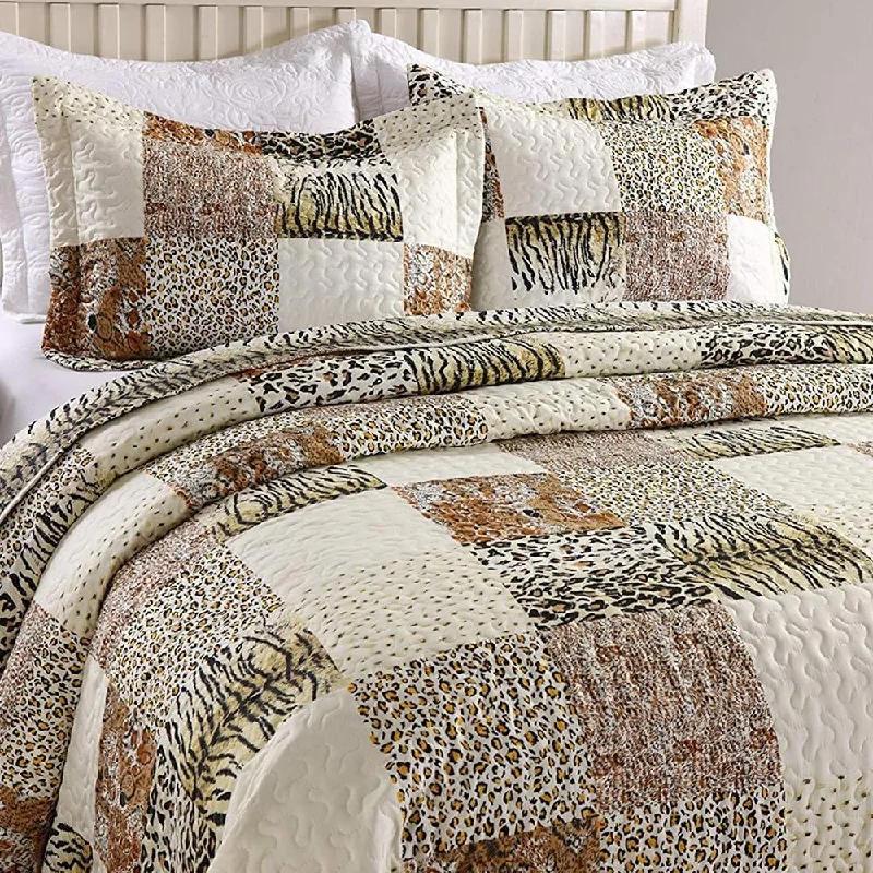 3 Piece Quilted Bedspread Leopard Print Set Bedding Animal Print Queen