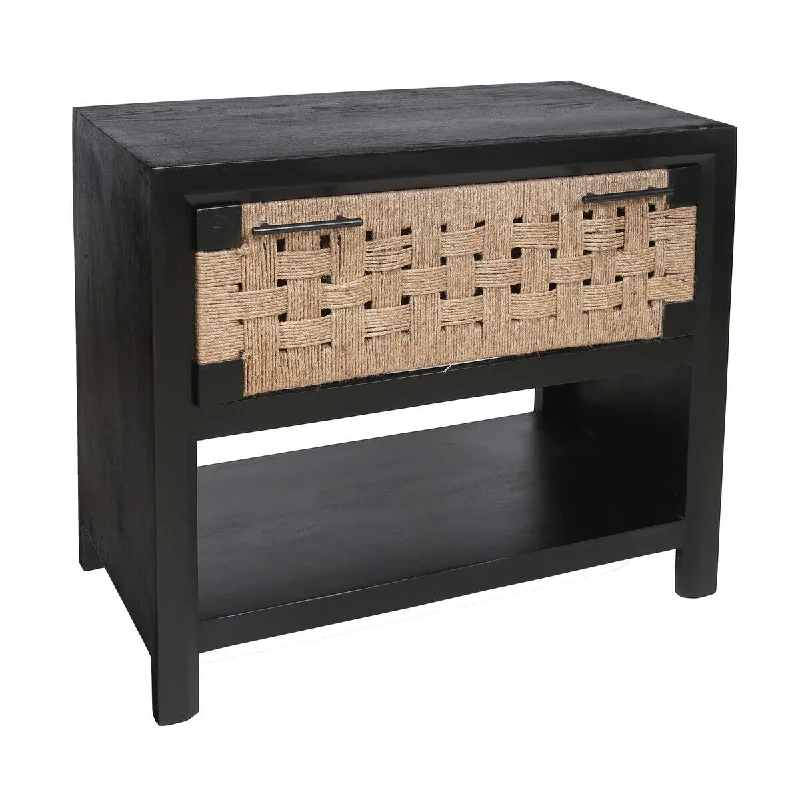 Bet 30 Inch Bedside Nightstand Cabinet, Black Woven Jute and Mango Wood