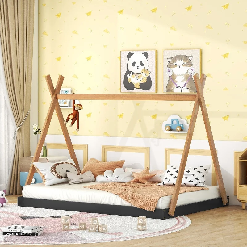 Black+Brown Wood Full House Bed, Triangle Structure, Easy Assembly