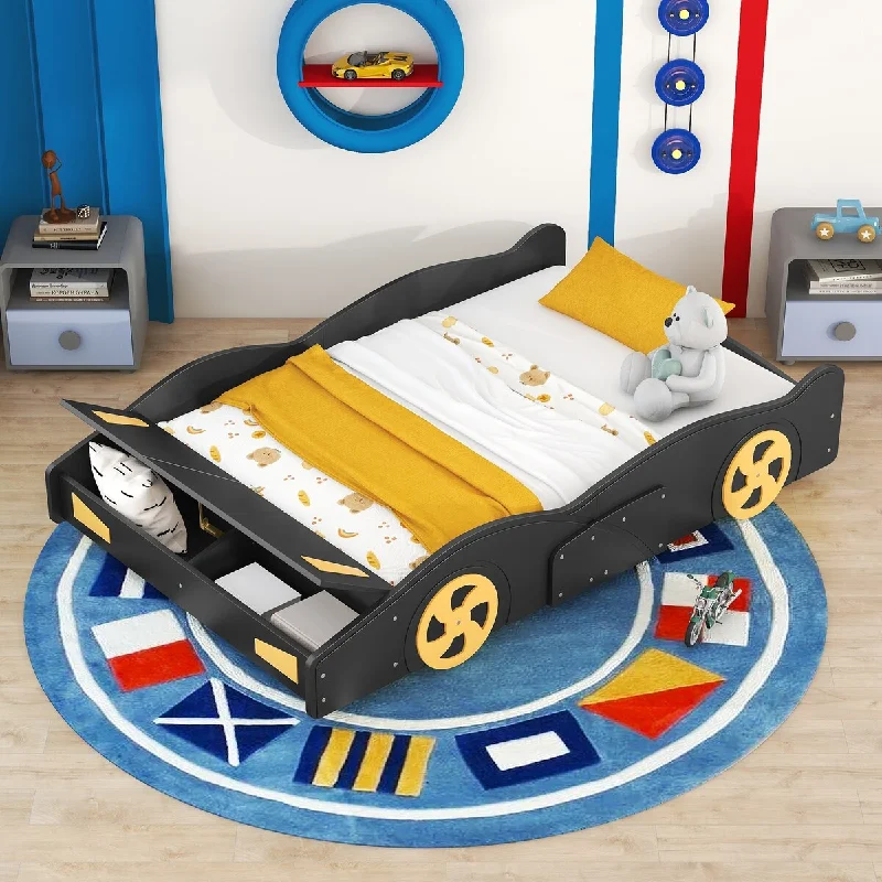 Black Full Race Car Platform Bed with Hidden Storage