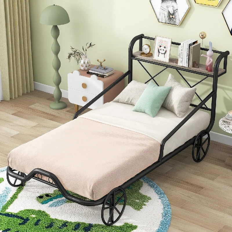 Black Metal Twin Car Bed with Guardrails, X-Shelf, Storage