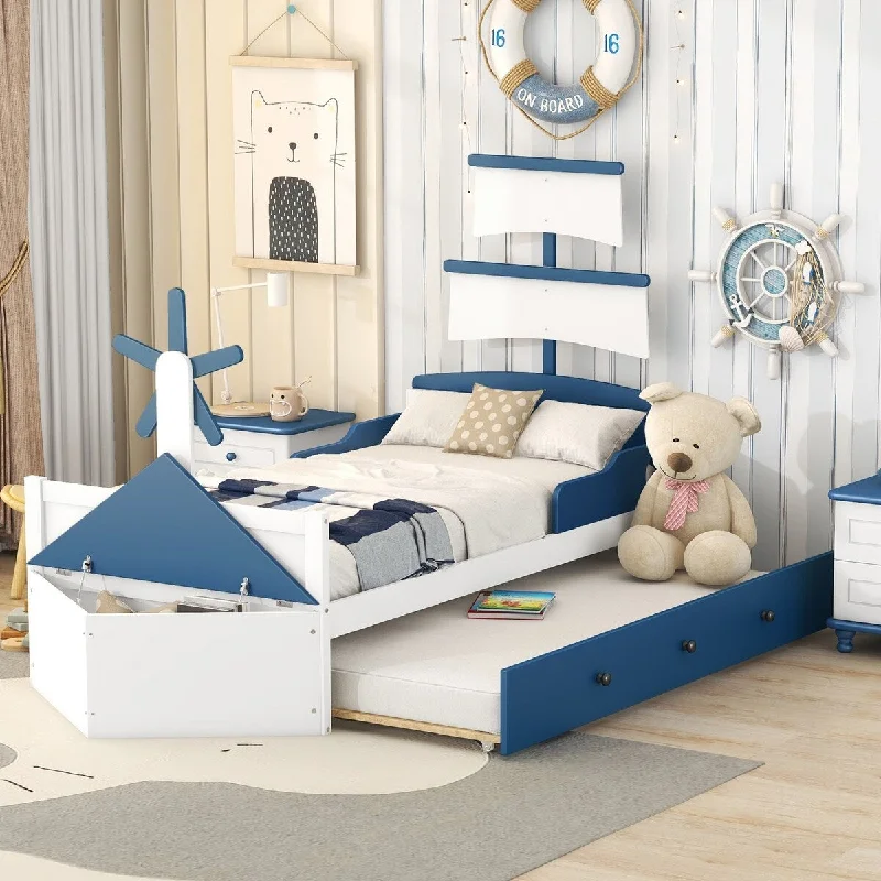 Blue Twin Boat-Shaped Platform Bed with Trundle, Storage