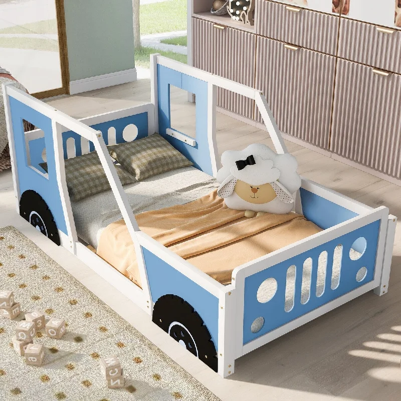 Blue Twin Car-Shaped Platform Bed with Wheels, Guardrails