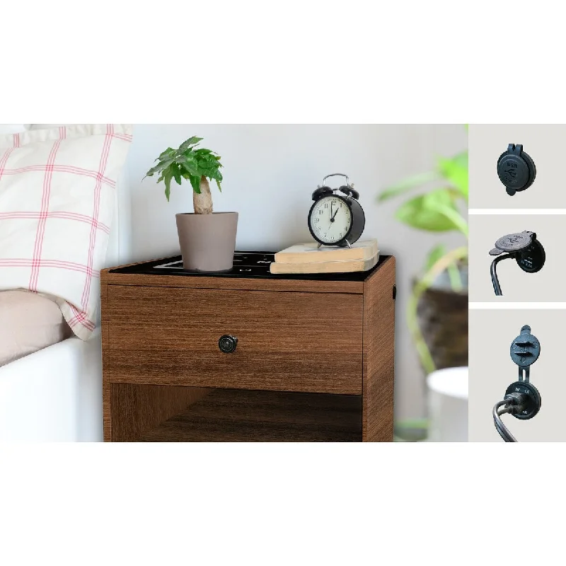 Brown MDF Nightstand with Wireless Charging Station with One Drawer and One Open Way Shelf for Bedroom