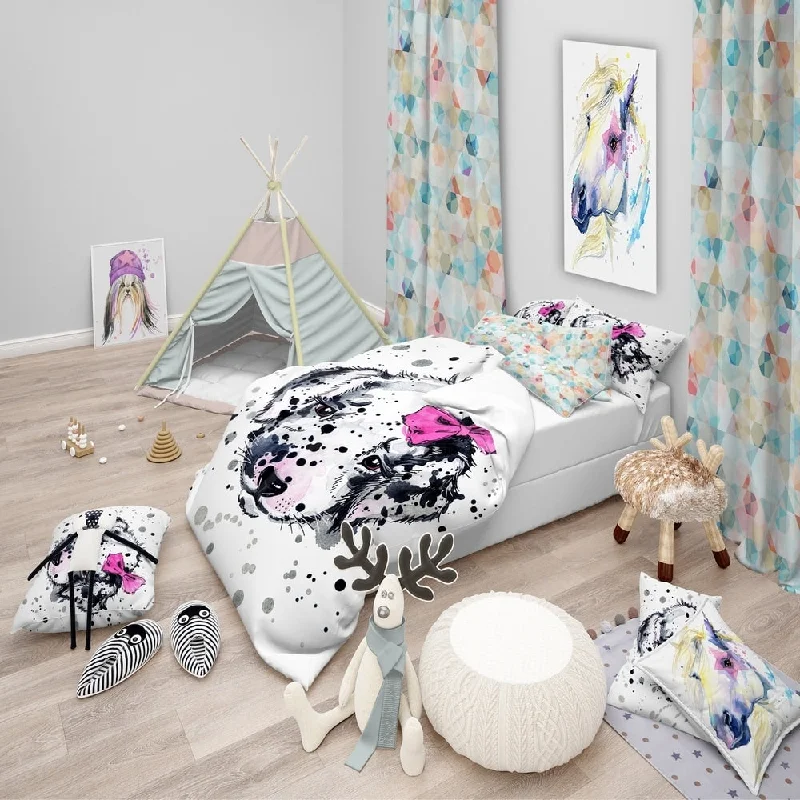 Designart 'Funny Puppy with Pink Hair Band' Modern & Contemporary Bedding Set - Duvet Cover & Shams