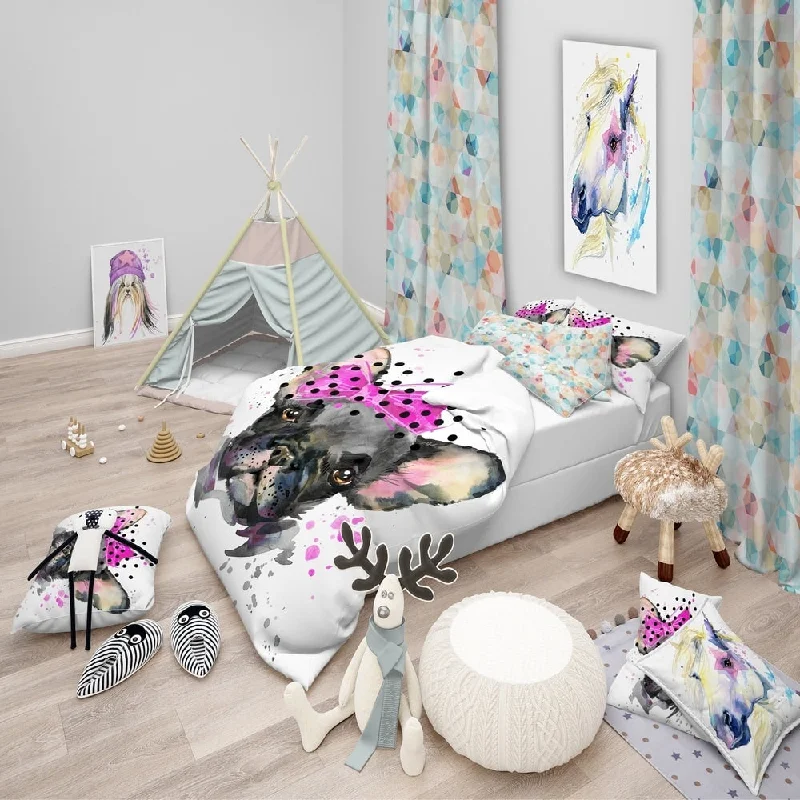 Designart 'Serious French Bulldog Watercolor' Modern & Contemporary Bedding Set - Duvet Cover & Shams