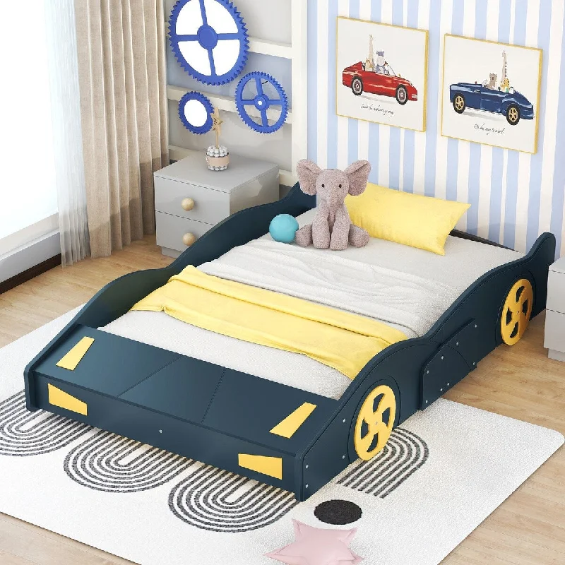 Drak Blue Wood Full Size Race Car-Shaped Bed Frame w/ Storage & Wheels