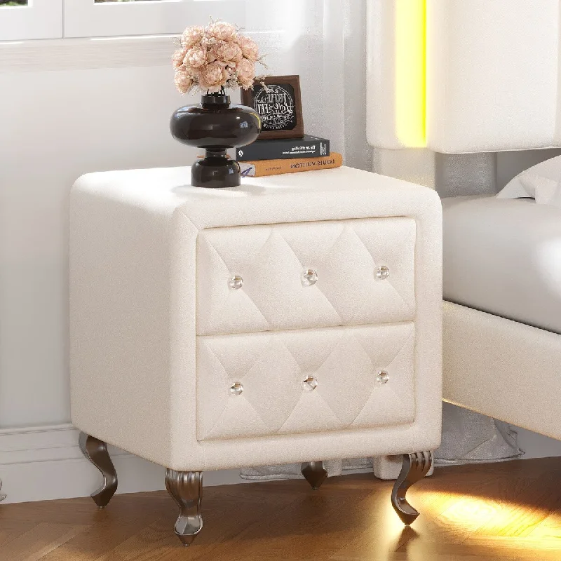 Elegant PU Nightstand with 2 Drawers and Crystal Handle,Legs&Handles,Storage Bedside Table with Metal Legs - White