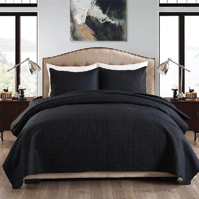 Embossed Reversible Bedspread Coverlet Quilt Set Queen Black Coin