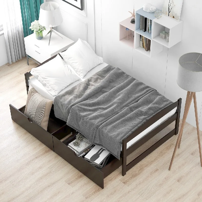 Espresso Wooden Twin Size Platform Bed Frame w/ 2 Storage Drawers