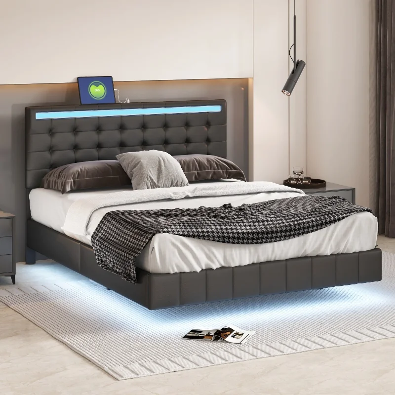 Floating Bed Frame with LED Lights and USB Charging,Modern Upholstered Platform LED Bed Frame