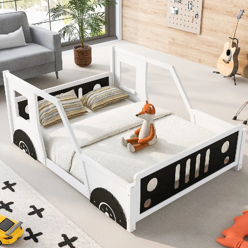 Full Car-Shaped Platform Bed with Wheels, Guardrails