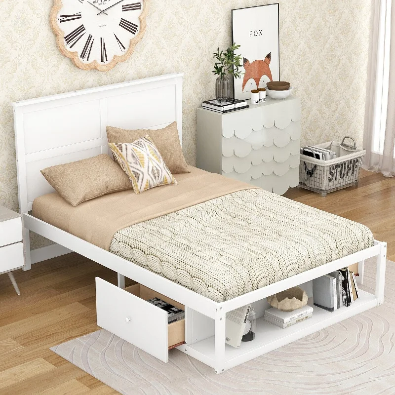 Full Platform Bed with Drawers, Shelf, Solid Construction