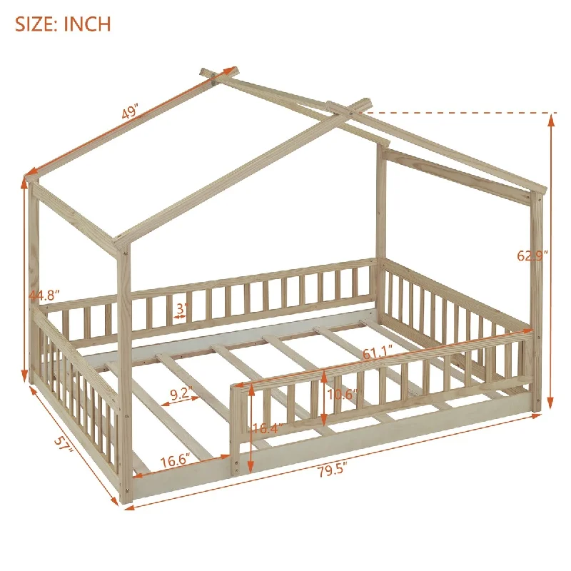 Full Playhouse House Bed with Fence, Roof, Pine Frame