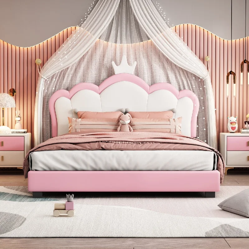 Full Princess Platform Bed with Crown Headboard, Pine Frame