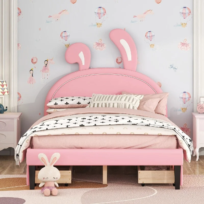 Full PU Leather Platform Bed with Rabbit Headboard, 2 Drawers