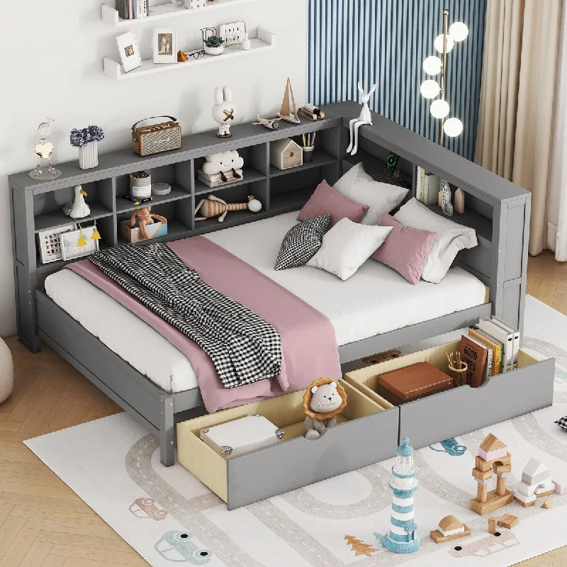 Full Size DayBed with 2 Drawers, USB Charging Ports and Storage Shelf