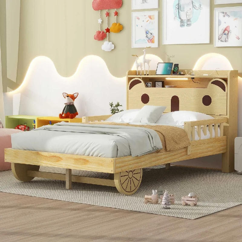 Full Size Kids Car Shaped Bed Platform Bed with Bear-Shaped Storage Headboard, Wheel, Side, Guardrail, LED, USB Charging