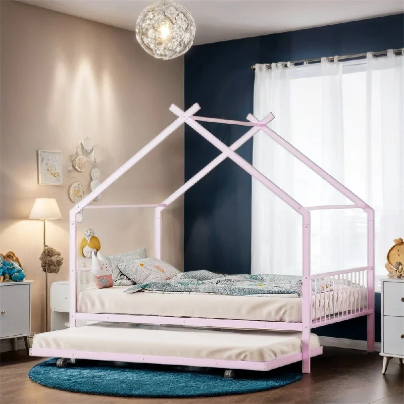 Full Size Metal House Bed with Twin Size Trundle