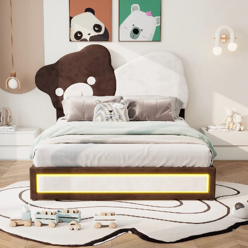 Full Size Upholstered Platform Bed with Bear Shaped Headboard, LED Light Strips, White + Brown