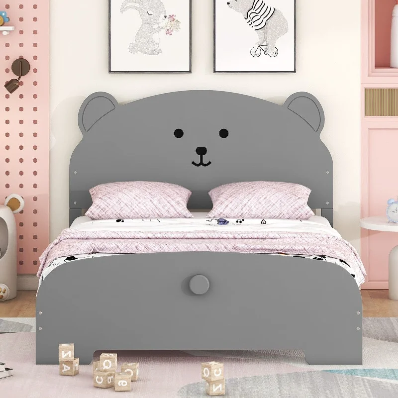 Gray Full Bear Platform Bed with Bear Headboard, Pine Frame