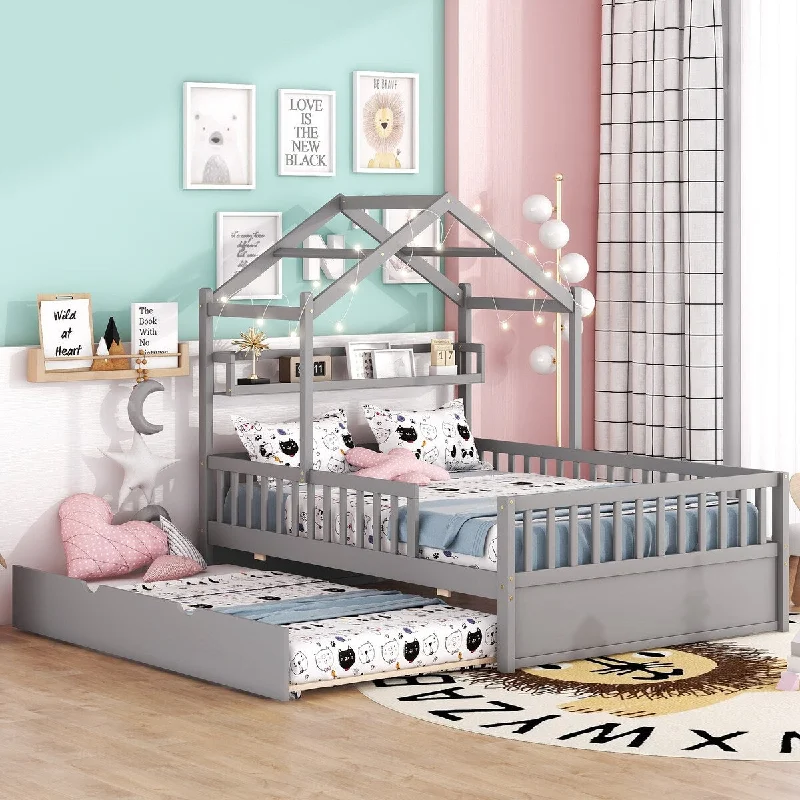 Gray Full House Bed with Trundle, Playhouse Design, Pine Frame