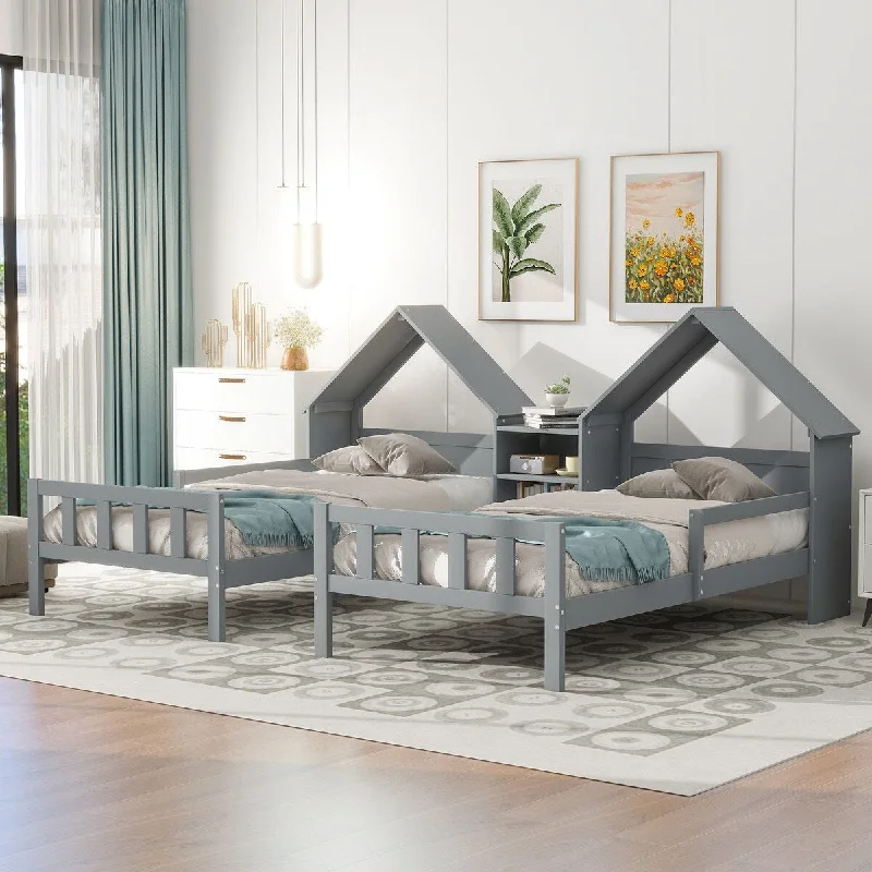 Grey Double Twin House Bed with Nightstand, Pine Construction